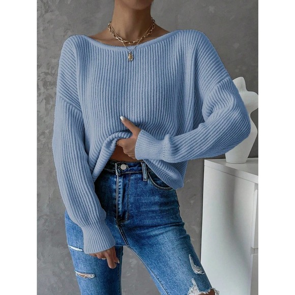 Minimalist Twist Back Drop Shoulder Boat Neck Sweater backless - Picture 10 of 11